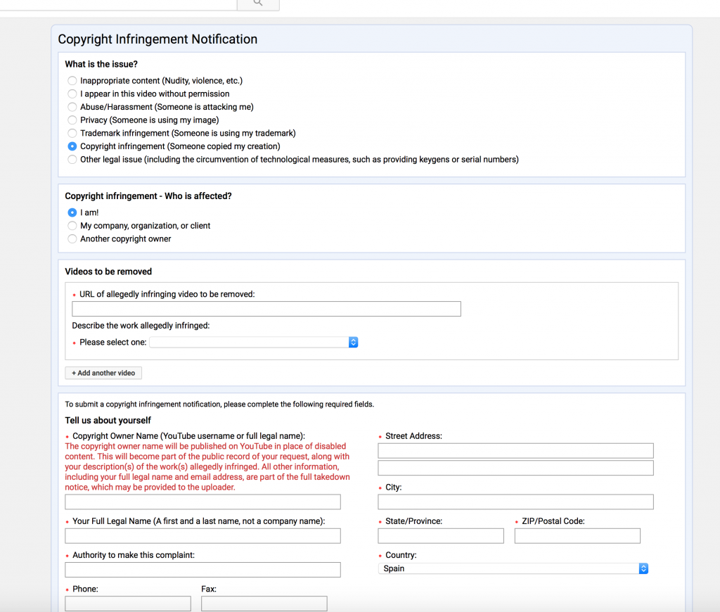 youtube copyright form